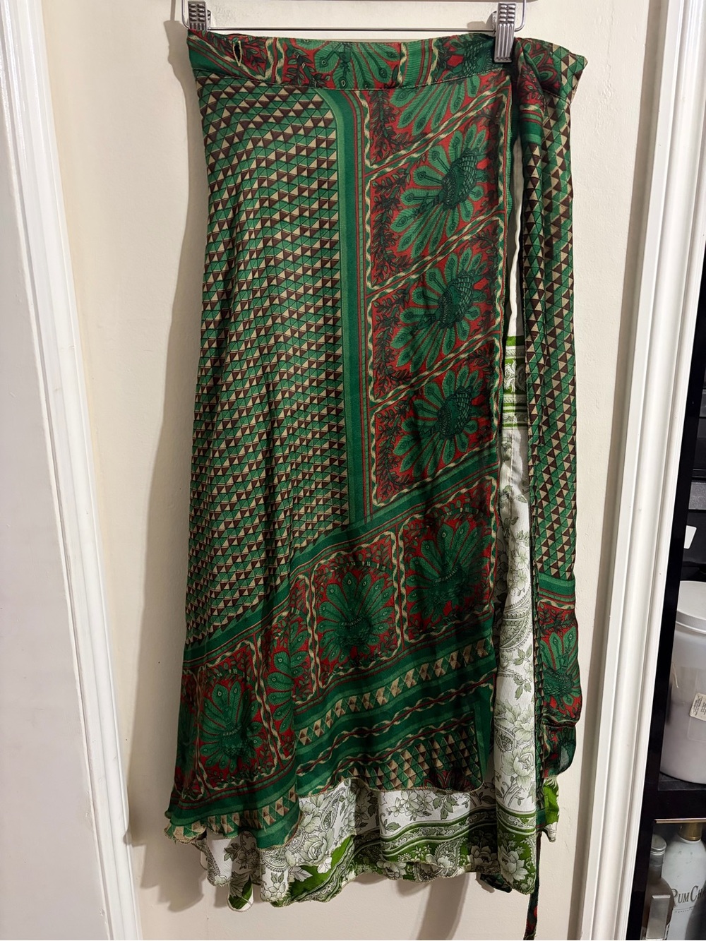 Green Floral Print Wrap Maxi Skirt with Boho Border Sari Silk Wrap Skirt